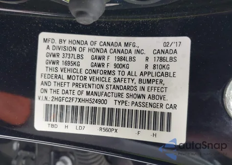 2017 Honda Civic Ex from USA, damaged, VIN 2HGFC2F7XHH524900
